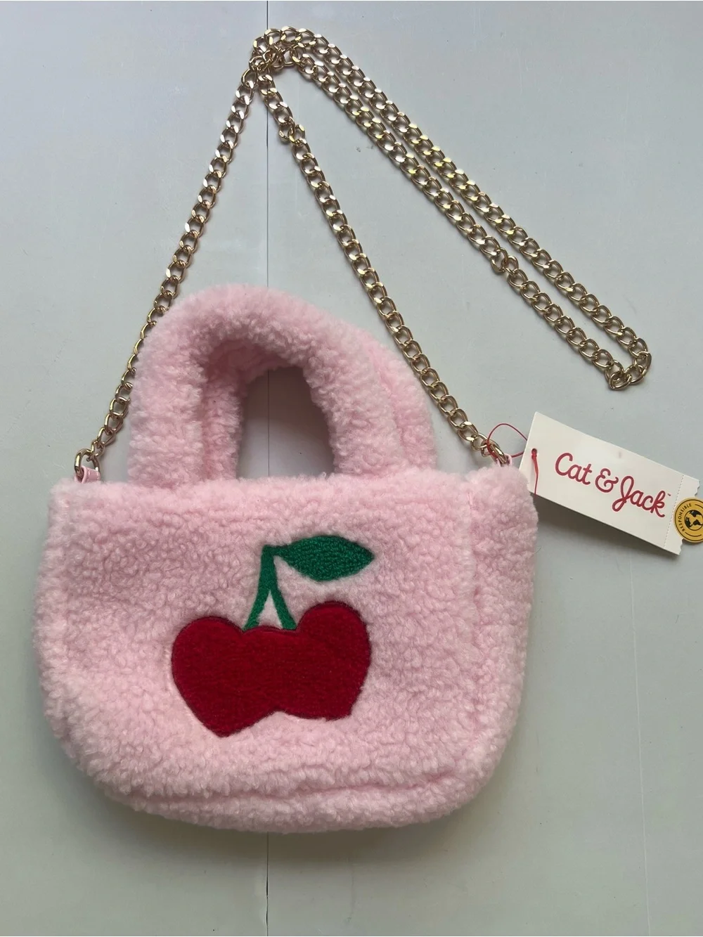 Cat & Jack Pink Mini Satchel Top Handle Bag Cherry Applique Gold Chain Strap